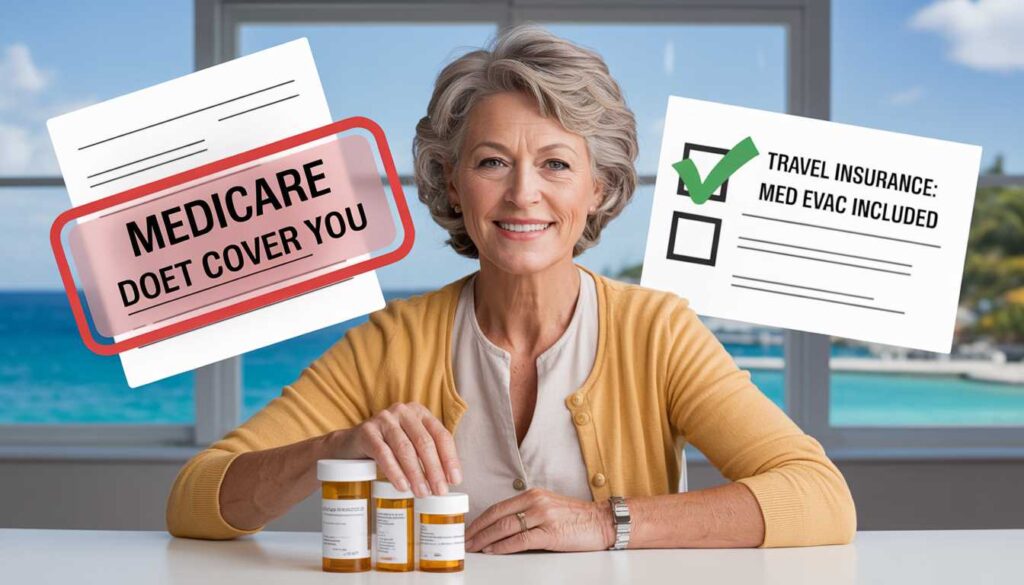 A senior woman over 60 reviewing her medical checklist and travel insurance before a cruise.