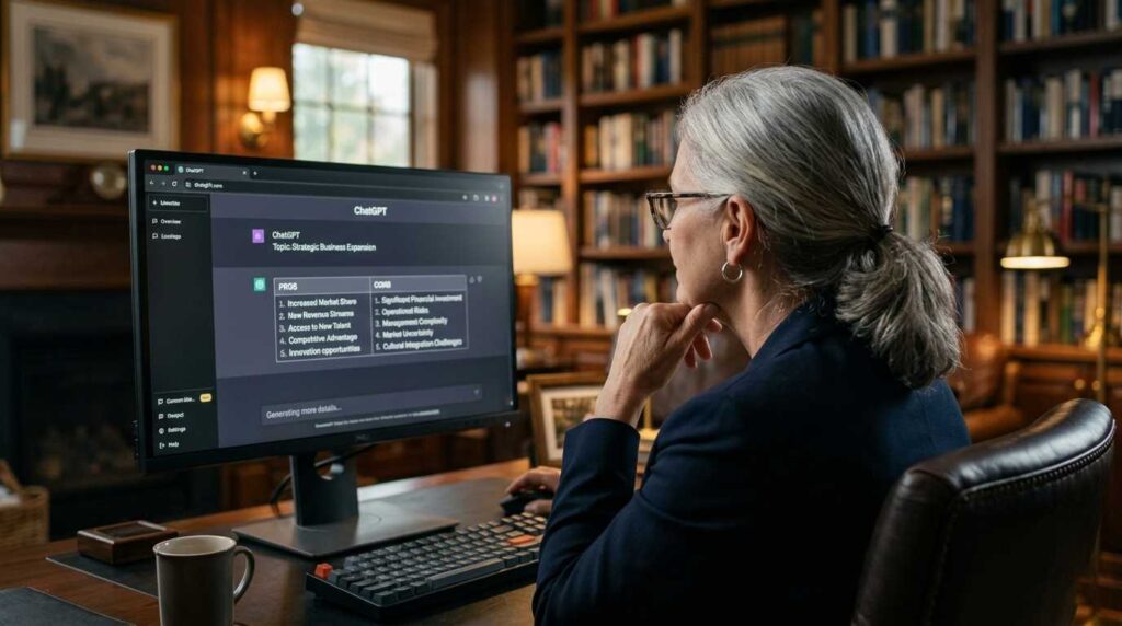A thoughtful senior woman looking at a pro-con list on a computer screen regarding home downsizing.