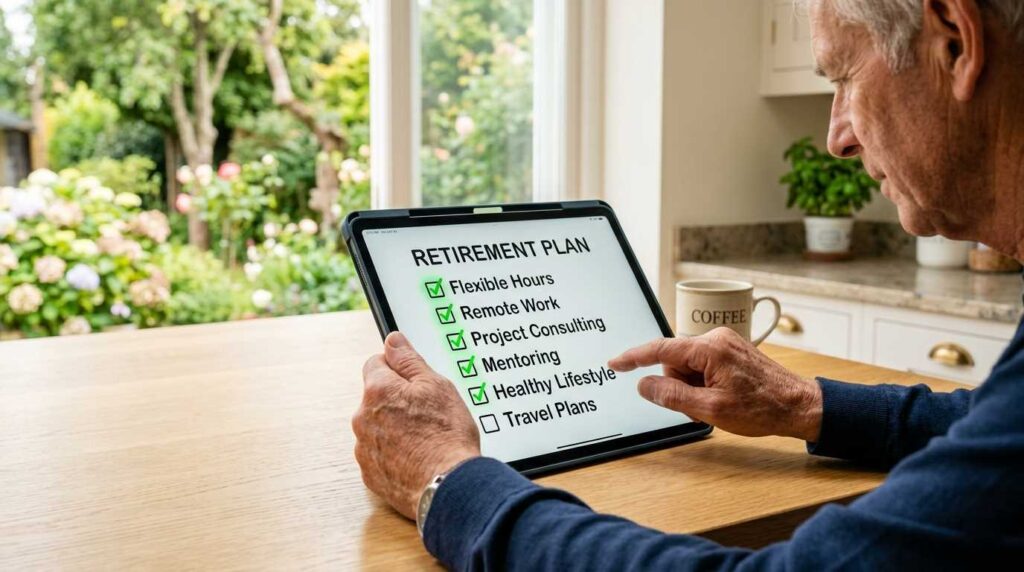 A senior professional reviewing a flexible remote work contract with a checklist.