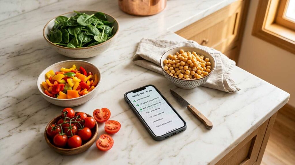 Fresh vegetables on a kitchen counter next to a smartphone showing a healthy meal plan.