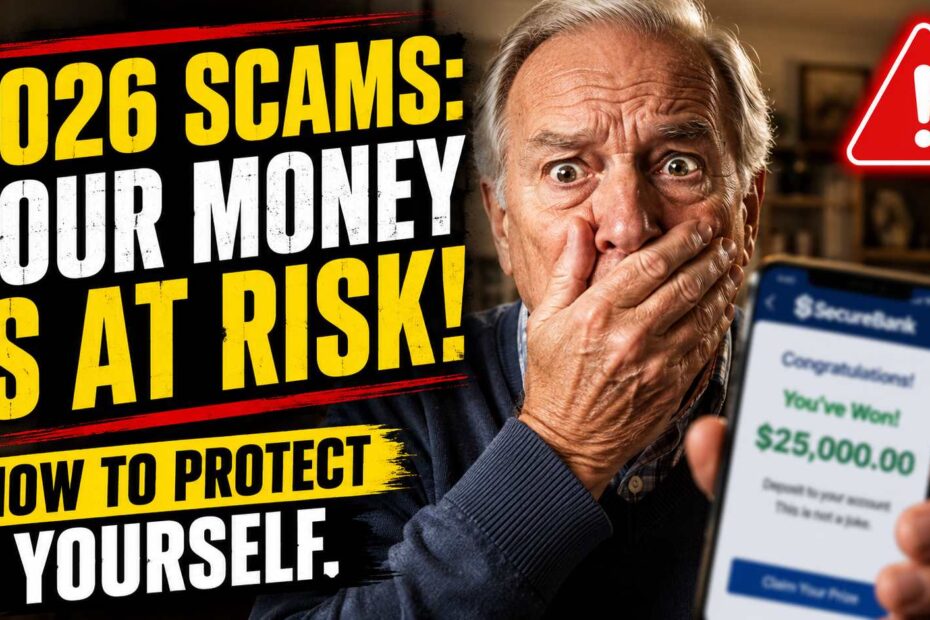 A visual representation of a senior scam protection guide for 2026 showing an alarmed older man.