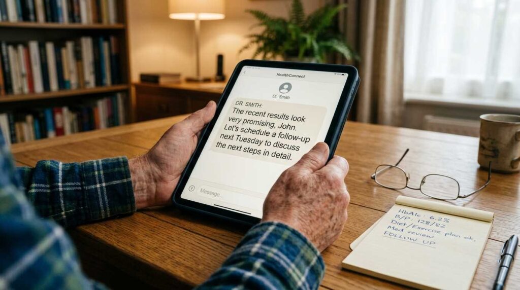 A senior man reviewing medical documents on a tablet with a pair of glasses nearby.