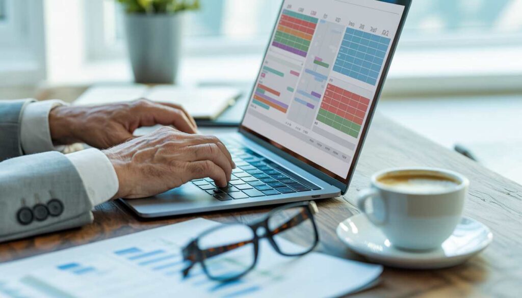 A high-end home office setup showing a senior professional organizing a digital calendar and financial spreadsheets.