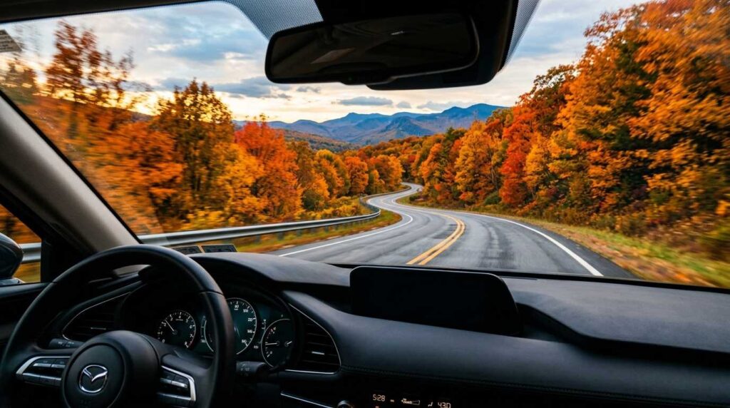 Fall foliage view from a car driving along Skyline Drive in Shenandoah National Park.