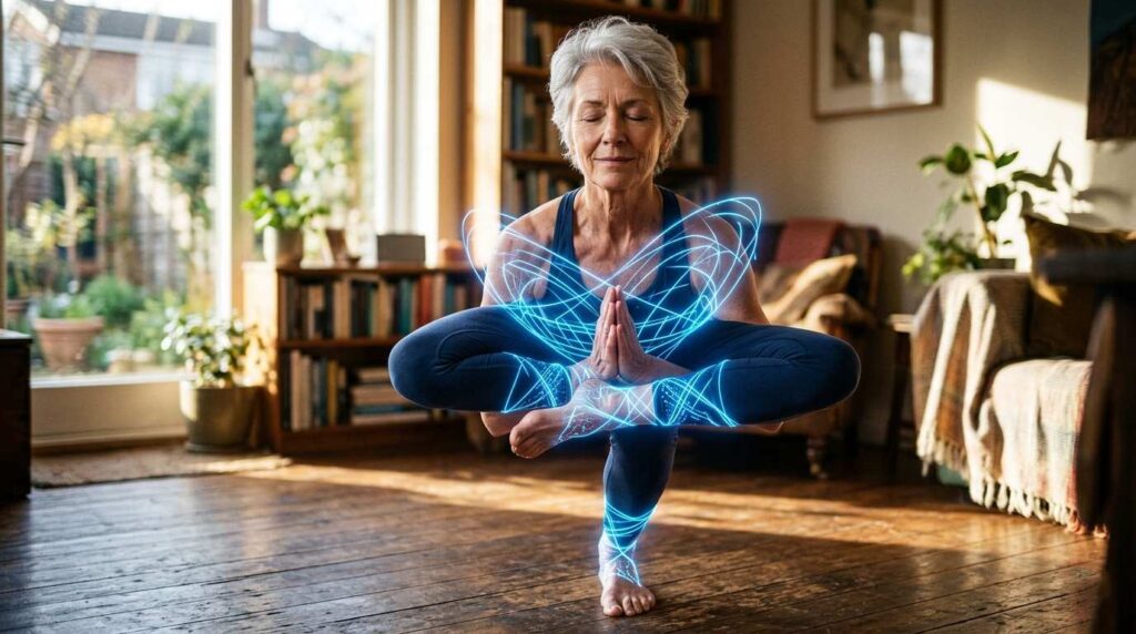 Senior woman performing a single-leg stand balance test.