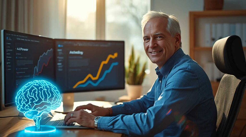 A senior man successfully blogging on a laptop with AI assistance in 2026.
