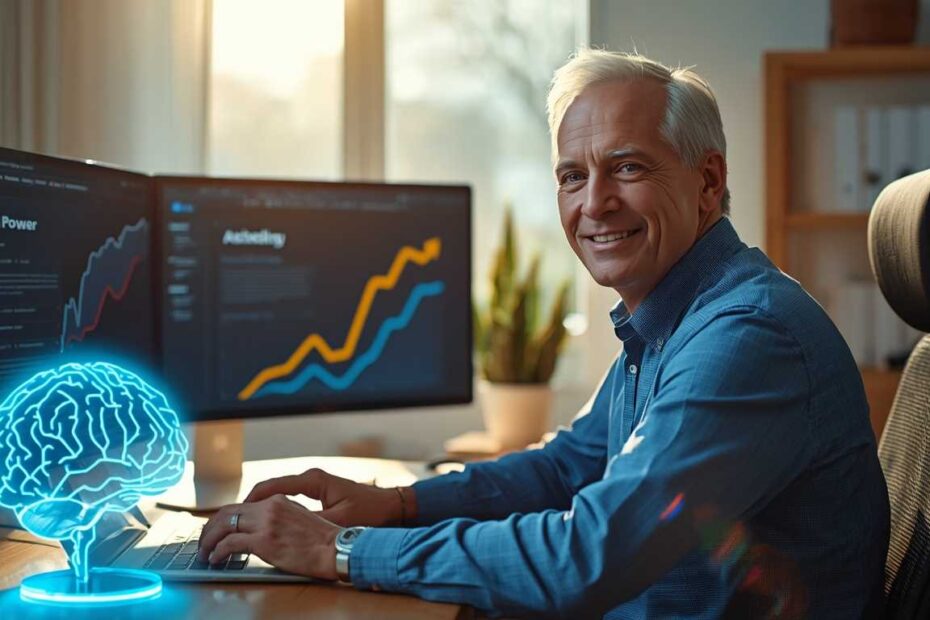 A senior man successfully blogging on a laptop with AI assistance in 2026.