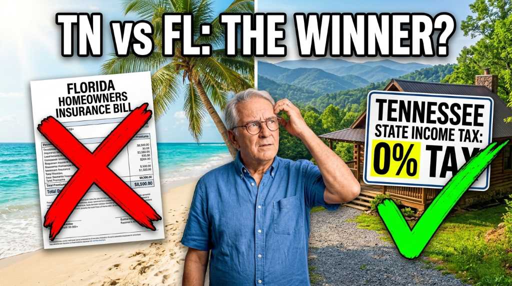 A split-screen comparison of retirement in Tennessee mountains versus Florida beaches.