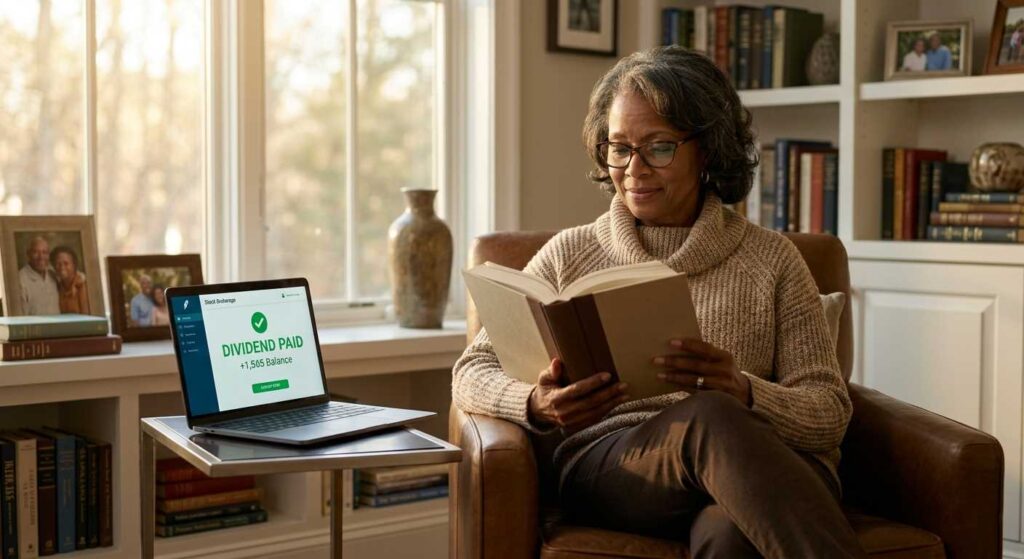 An elderly American woman peacefully reading a book in a sunlit cozy living room, while her laptop nearby displays automatic dividend income notifications.