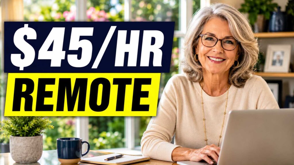 A senior woman working happily as a virtual assistant on her laptop from a bright home office in 2026.