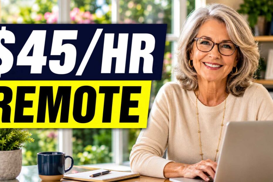 A senior woman working happily as a virtual assistant on her laptop from a bright home office in 2026.