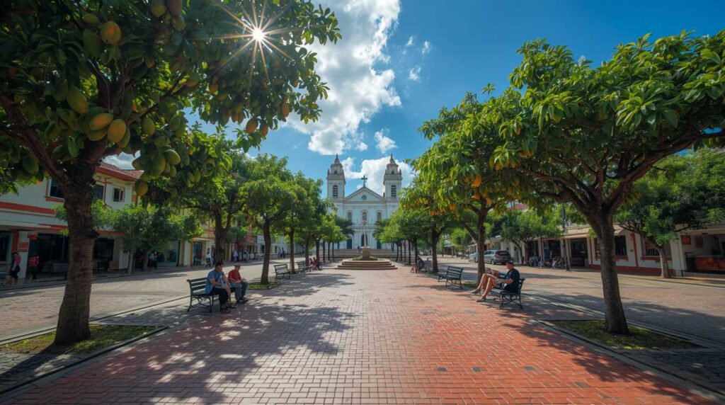 Walkable central plaza in Atenas Costa Rica showing safe neighborhoods for american retirees.