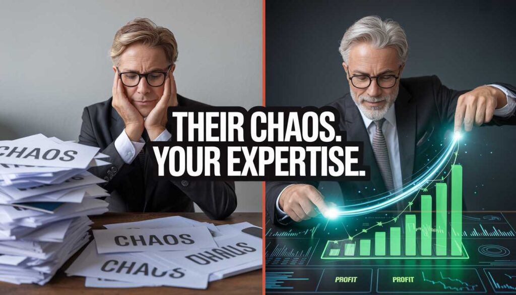 A senior financial consultant with a glowing hand transforming a chaotic desk of papers and spreadsheets into a clean 'Profit' sheet, with 'THEIR CHAOS. YOUR EXPERTISE. MAJOR PROFIT.' text.