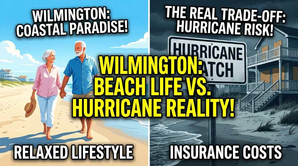 Senior couple enjoying Wilmington beach with hurricane warning sign nearby.