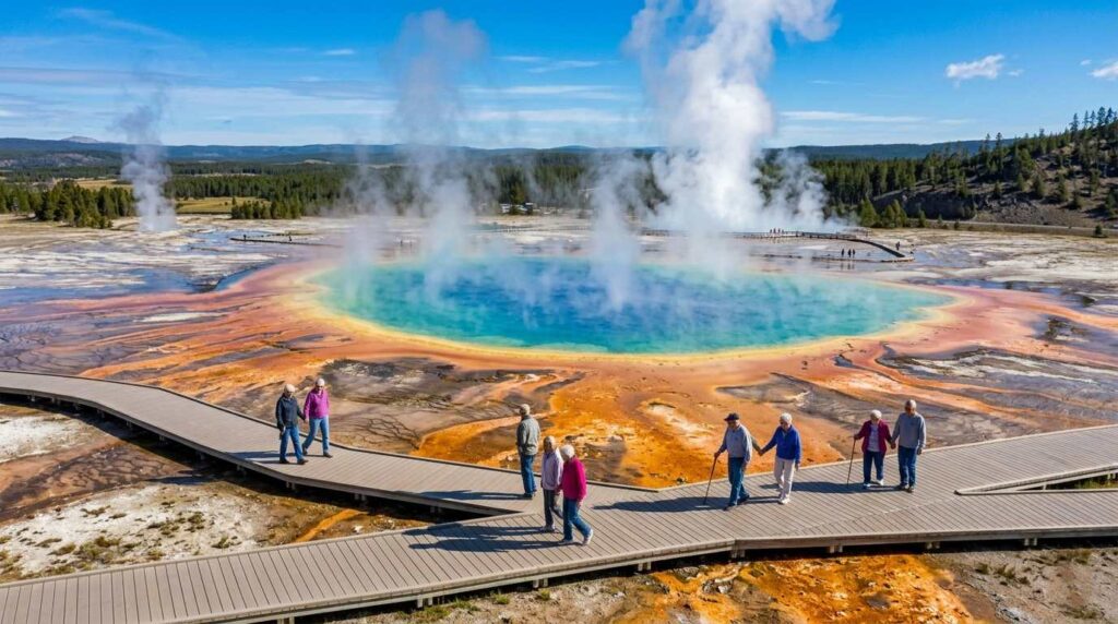 Seniors walking on the accessible boardwalk at Grand Prismatic Spring, Yellowstone.