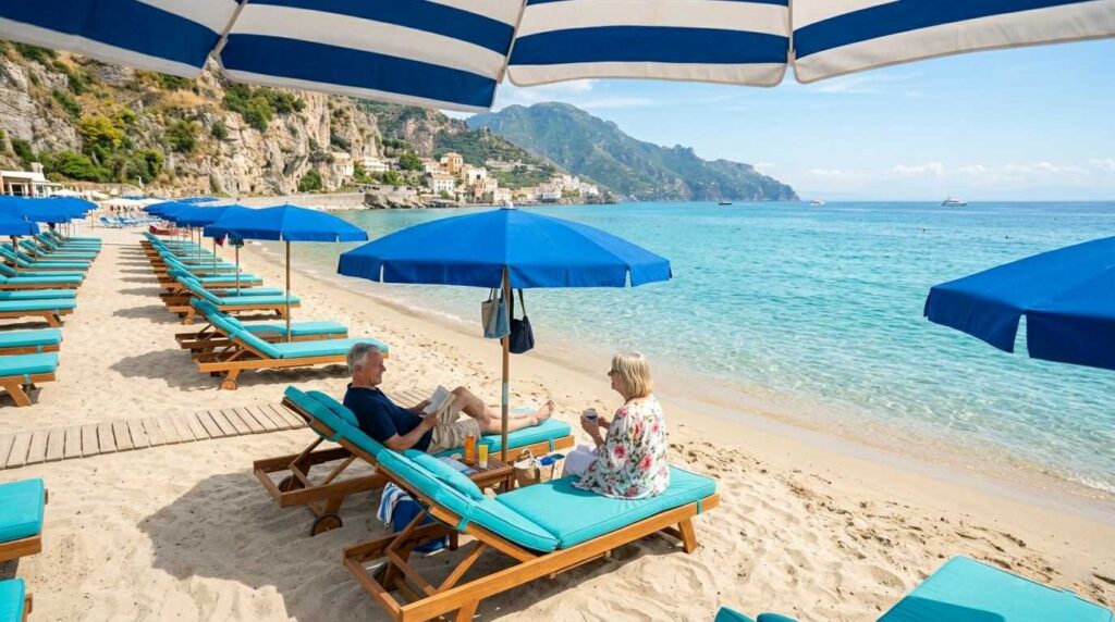 Relaxing on an organized beach in Crete with sunbeds.