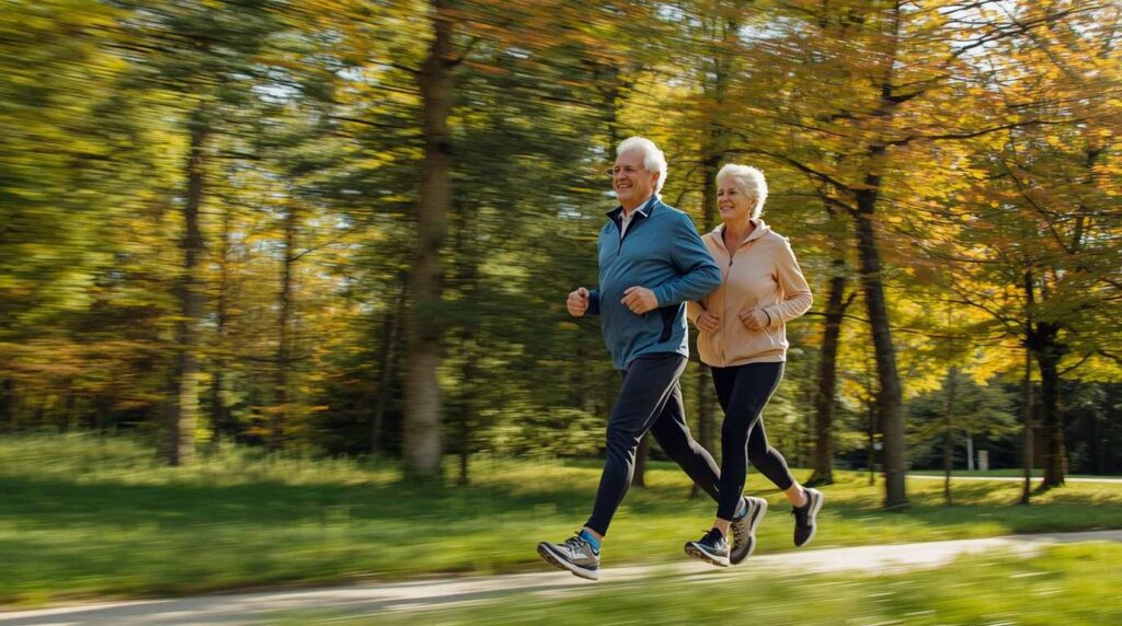 Active seniors walking in a park for better brain health.