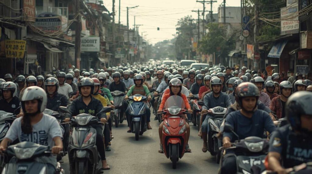 An overwhelming traffic jam of scooters and cars on a narrow street in Denpasar, Bali, real life conditions.