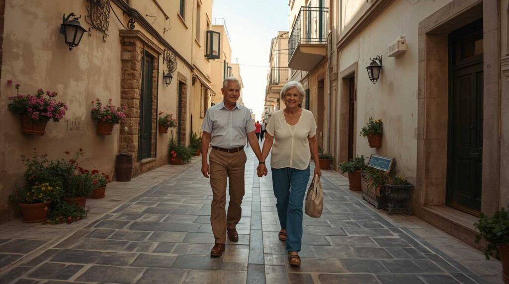 Senior tourists walking in the beautiful Chania old town.