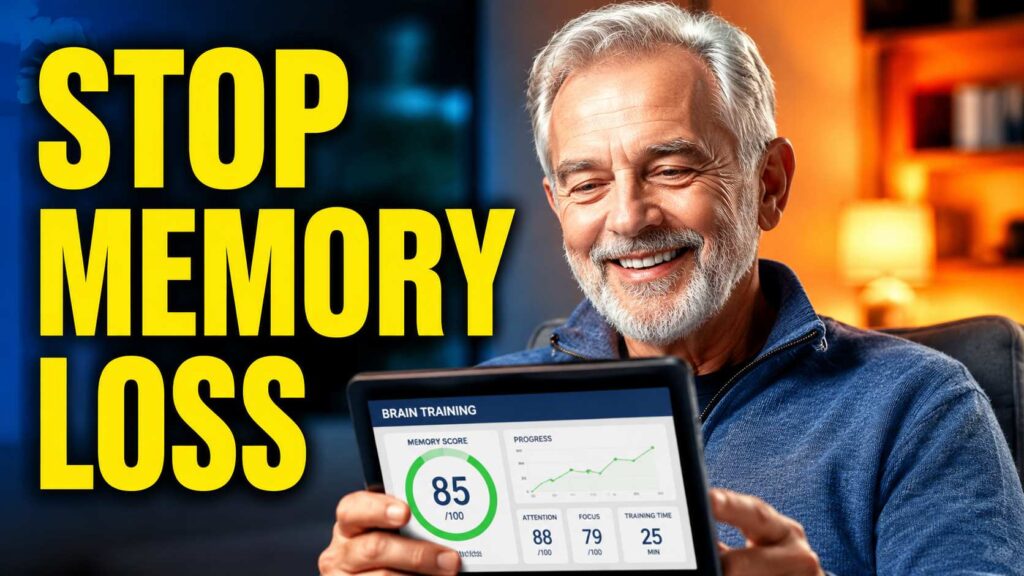 A senior adult actively engaging in brain health habits, text overlay saying "Stop Memory Loss".
