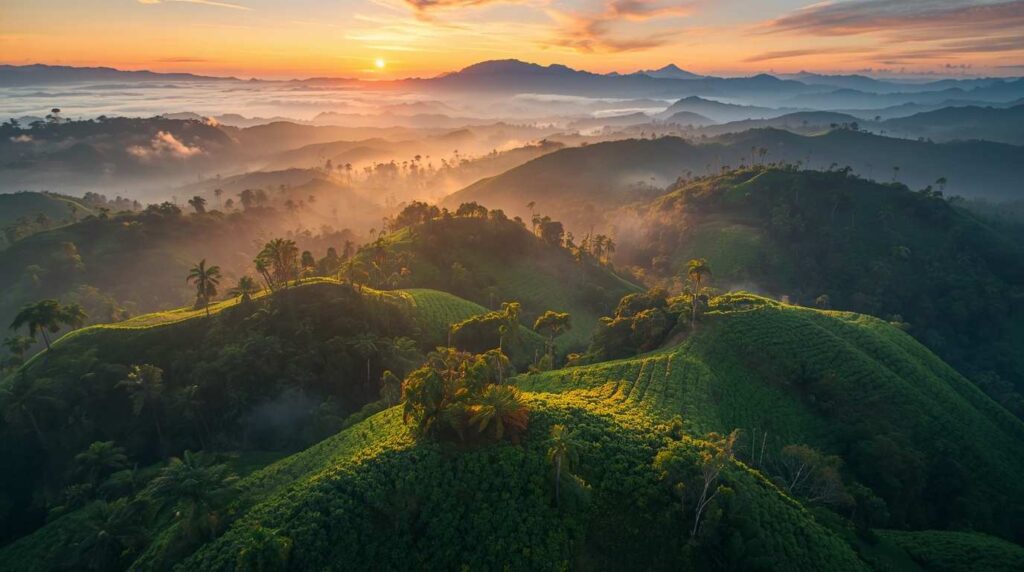 Lush green landscape of the Colombian Coffee Region.