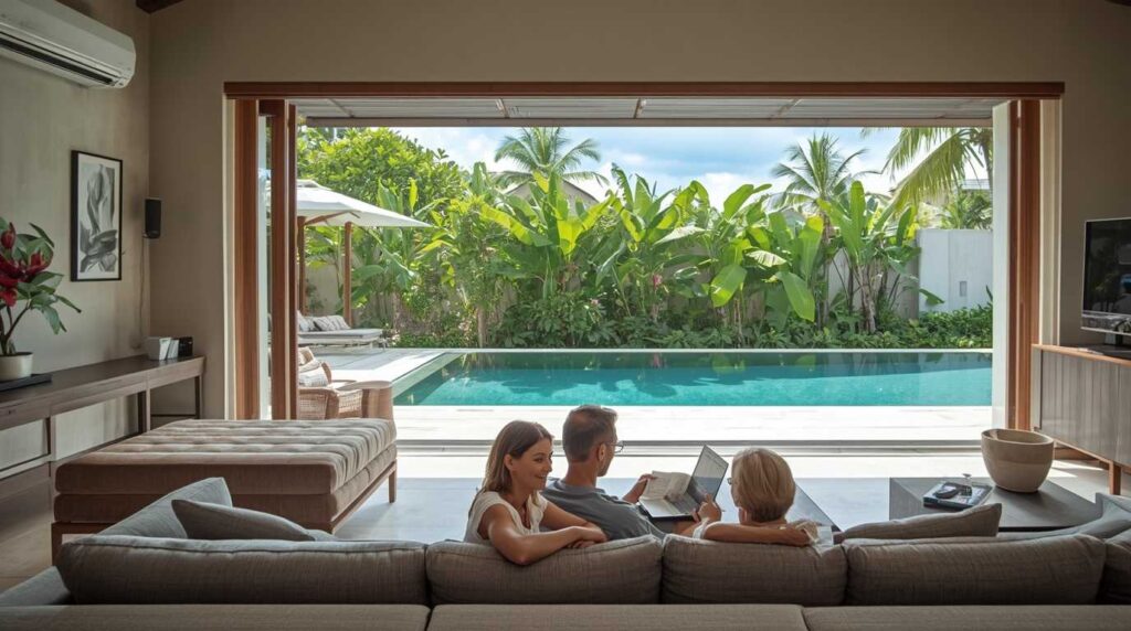 A beautiful modern Balinese open-air villa pool area, representing the western comfort lifestyle cost.