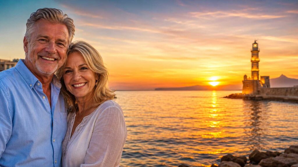 Crete travel guide for seniors: An American couple enjoying sunset view in Chania harbor.