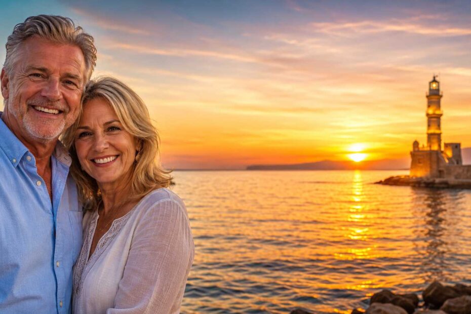Crete travel guide for seniors: An American couple enjoying sunset view in Chania harbor.