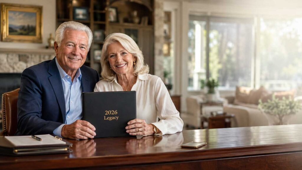 A senior couple confidently reviewing their 2026 estate planning documents with a professional advisor.