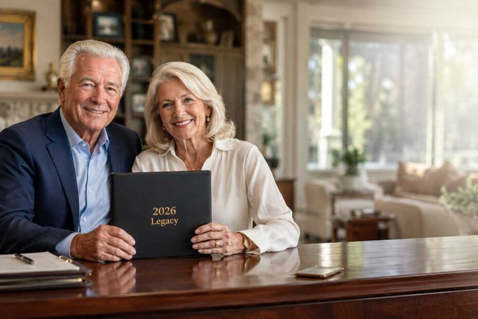 A senior couple confidently reviewing their 2026 estate planning documents with a professional advisor.