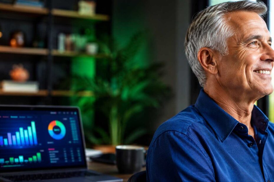 A senior man smiling confidently in front of a modern retirement business setup, finding purpose retirement seniors framework.