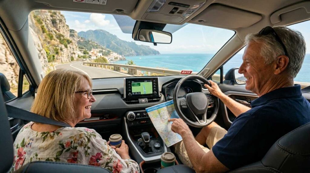 Senior couple renting a car for a road trip in Crete.