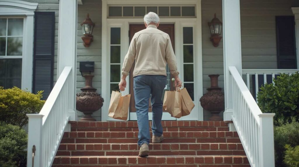 A confident senior man carrying heavy grocery bags with ease, illustrating the benefits of functional strength training.