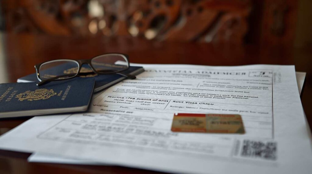 A close-up of different Indonesian visa documents and passports on a wooden desk, retire in bali guide americans 2026 focus.