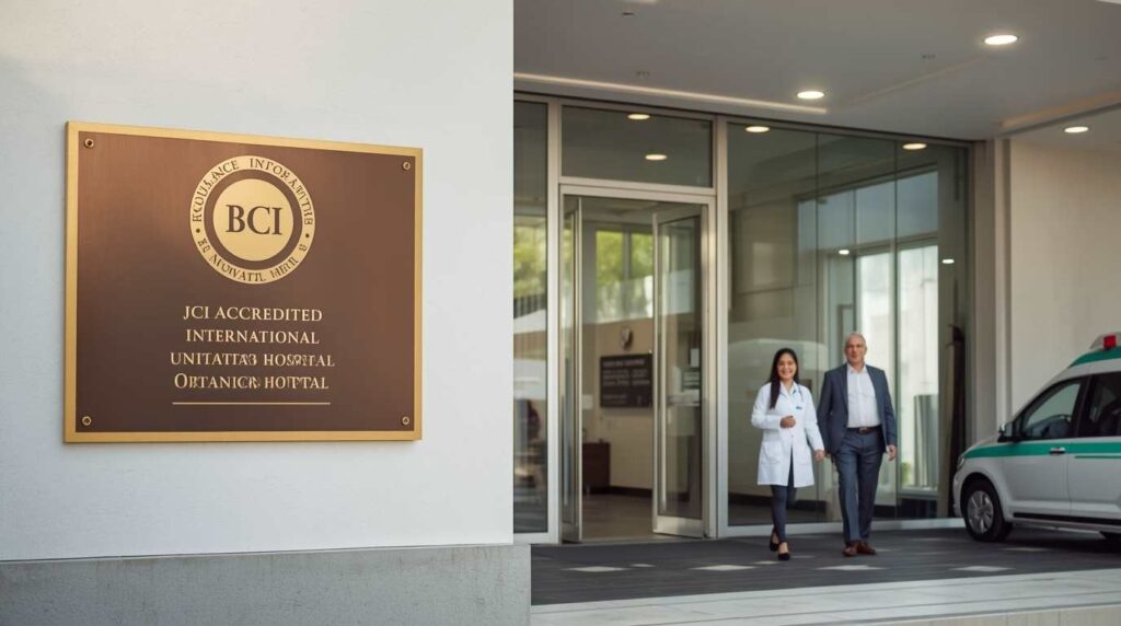 The modern entrance of BIMC Hospital Nusa Dua in Bali, JCI accredited medical care.