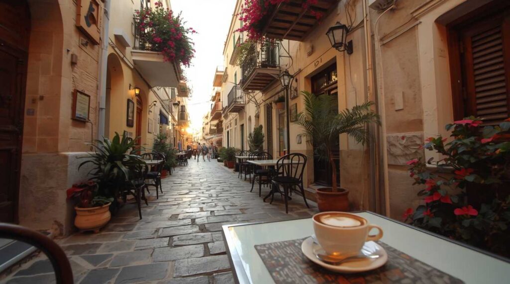 Peaceful flower-lined street in Nafplio old town for senior travelers.