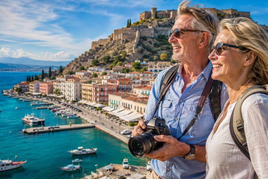 Active American couple discovering Nafplio harbor, Greece travel for seniors.