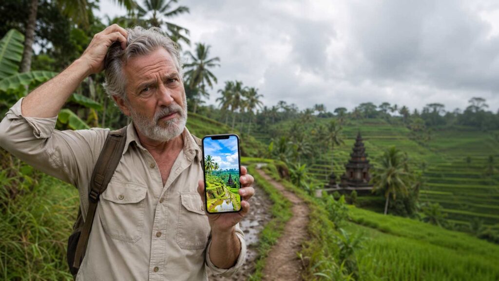 A 60-year-old American man looking skeptical at a beautiful but realistic Bali rice terrace, retirement guide comparison.