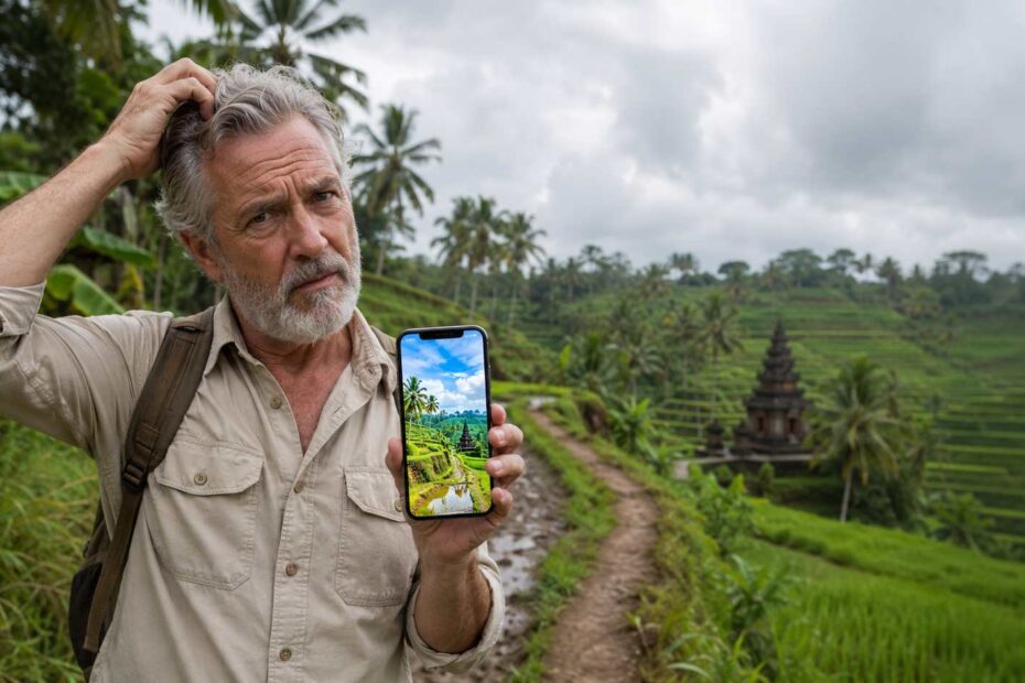 A 60-year-old American man looking skeptical at a beautiful but realistic Bali rice terrace, retirement guide comparison.