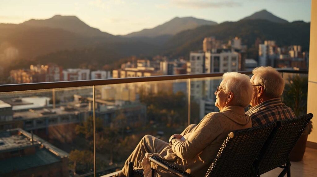 A happy American couple enjoying a sunset view over a modern Medellín skyline.