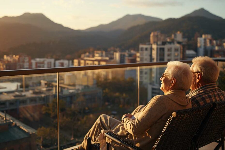 A happy American couple enjoying a sunset view over a modern Medellín skyline.