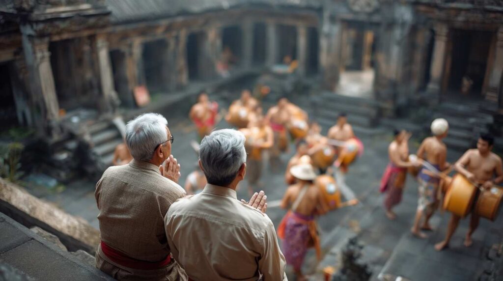 An elderly American couple respectfully watching a traditional Balinese temple ceremony, wearing traditional clothing.