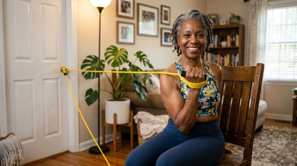A senior African American woman performs a controlled bicep curl using a light resistance band attached to a stable chair at home, showing safe strength training.