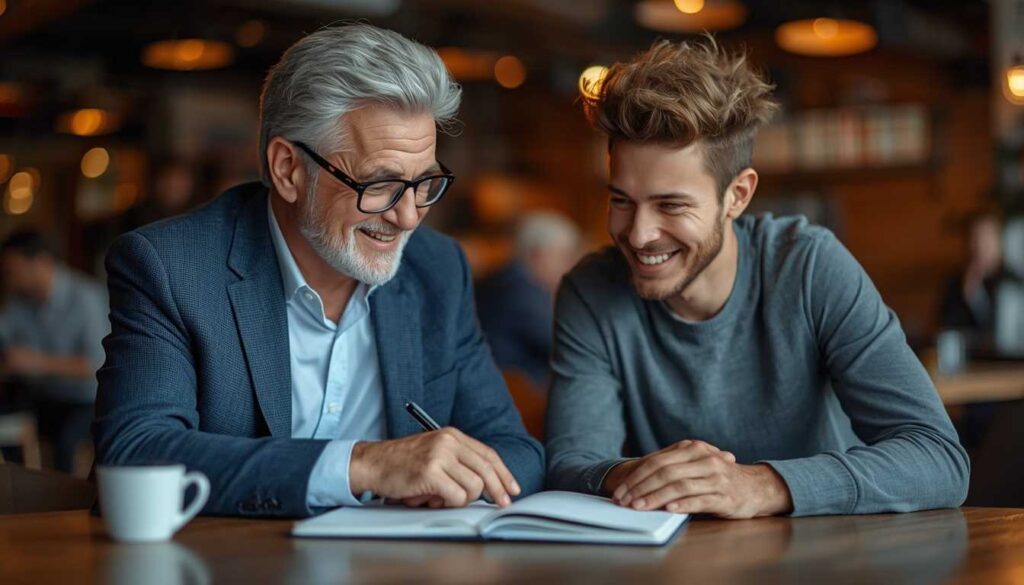 A senior man mentoring a young entrepreneur in a modern office, showcasing finding purpose retirement seniors through business service.