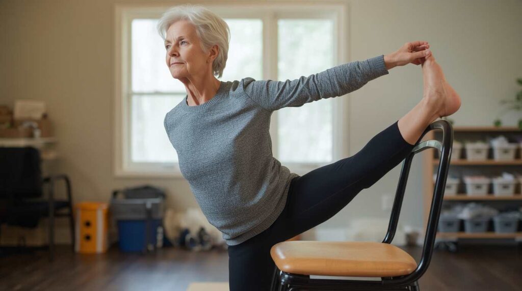 A focused senior woman performing a single-leg balance exercise near a chair for added safety.