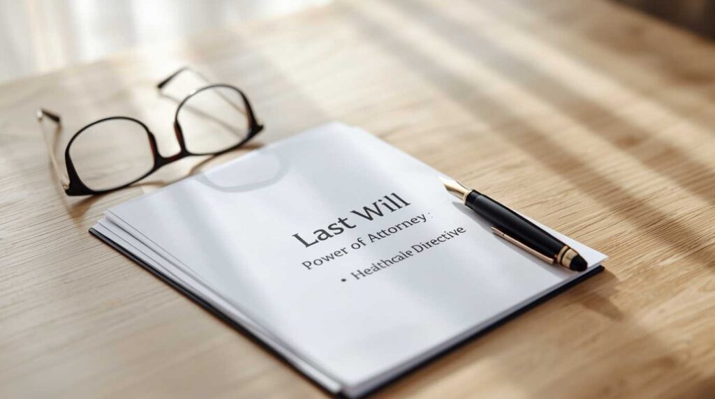Important legal documents for senior estate planning on a desk.