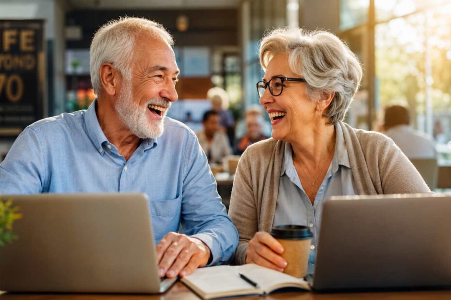 A happy senior man and woman collaborating on a project together, symbolizing social connection.