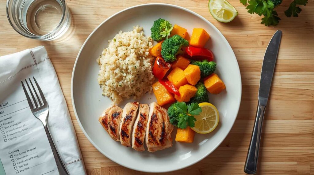 A balanced, high-protein meal prepared for a senior strength training diet, featuring grilled chicken breast, quinoa, and colorful roasted vegetables on a ceramic plate.