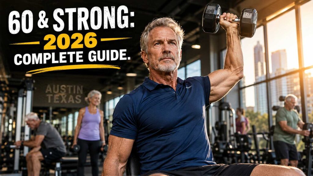 A fit senior man over 60 confidently performing a single-arm dumbbell press with a strong, determined expression, representing strength and longevity in 2026.