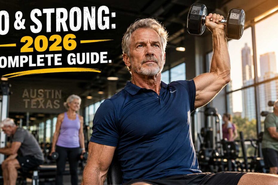 A fit senior man over 60 confidently performing a single-arm dumbbell press with a strong, determined expression, representing strength and longevity in 2026.